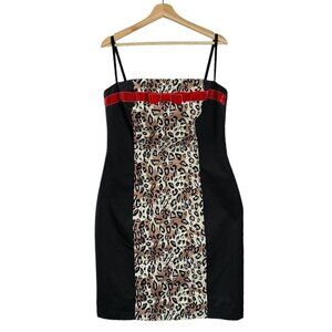 Black Leopard-Print Panel Sheath Dress with Red Trim